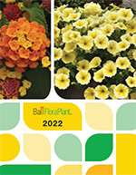The cover of the 2022 Ball FloraPlant catalog features an orange lantana and yellow Bee's Knees petunia.