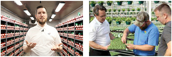 Nick Flax (left) stands in a seed storage area, while Todd Cavins (right) helps customers in the greenhouse.