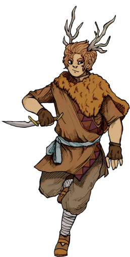 A human, with antlers, clad in brown furs, standing on one foot, wielding a knife.