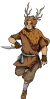 A human, with antlers, clad in brown furs, standing on one foot, wielding a knife.