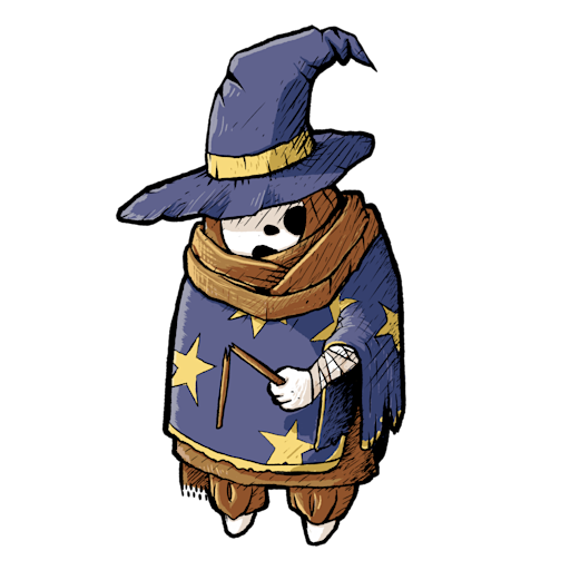 a sad Masked wizard wearing a purple robe with yellow stars and a purple pointed hat, and holding a broken magic wand