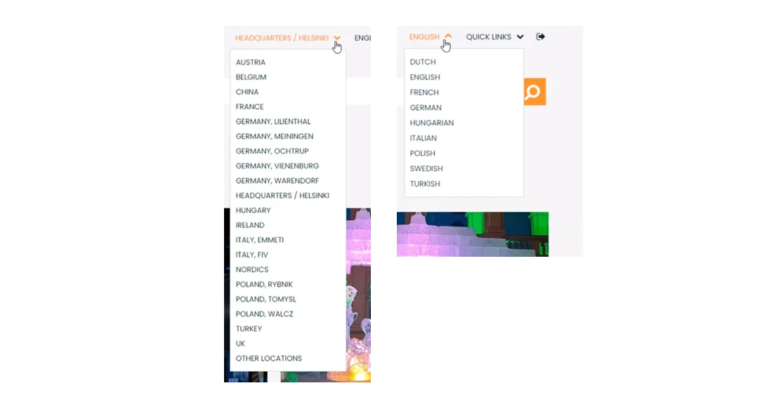 Kuvakaappaus Purmo Groupin intranetin lokalisaatio- ja kielivalinnoista.