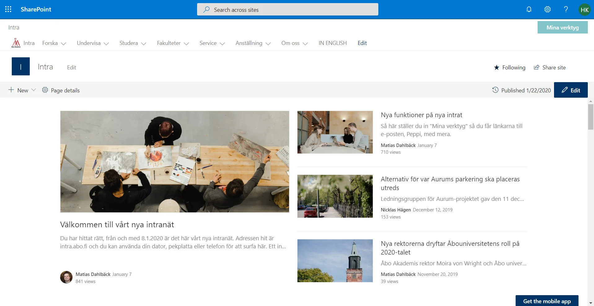 Åbo Akademi intranet etusivu
