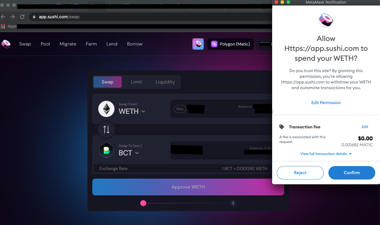Approving SushiSwap transaction of WETH to BCT