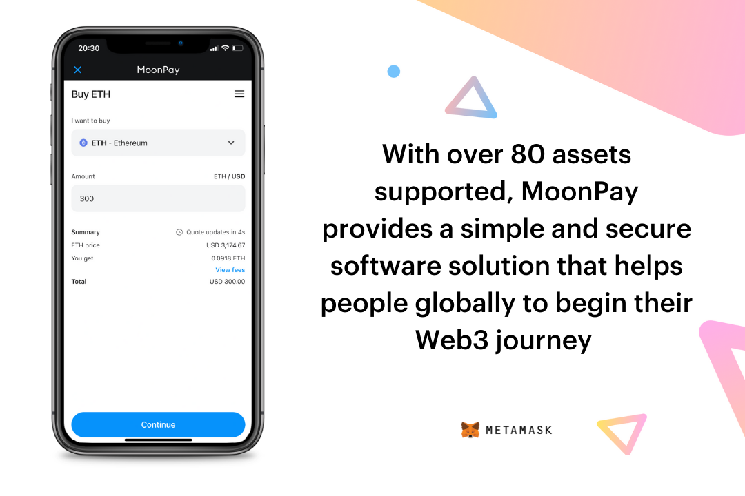 With over 80 assets supported, MoonPay provides a simple and secure software solution that helps people globally to begin their Web3 journey