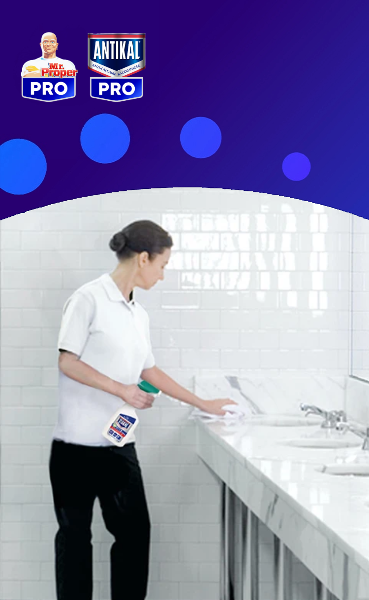 Antikal Pro en Mr Proper Pro bieden samen de ideale oplossing voor een stralend schone en hygiënische sanitaire ruimte.