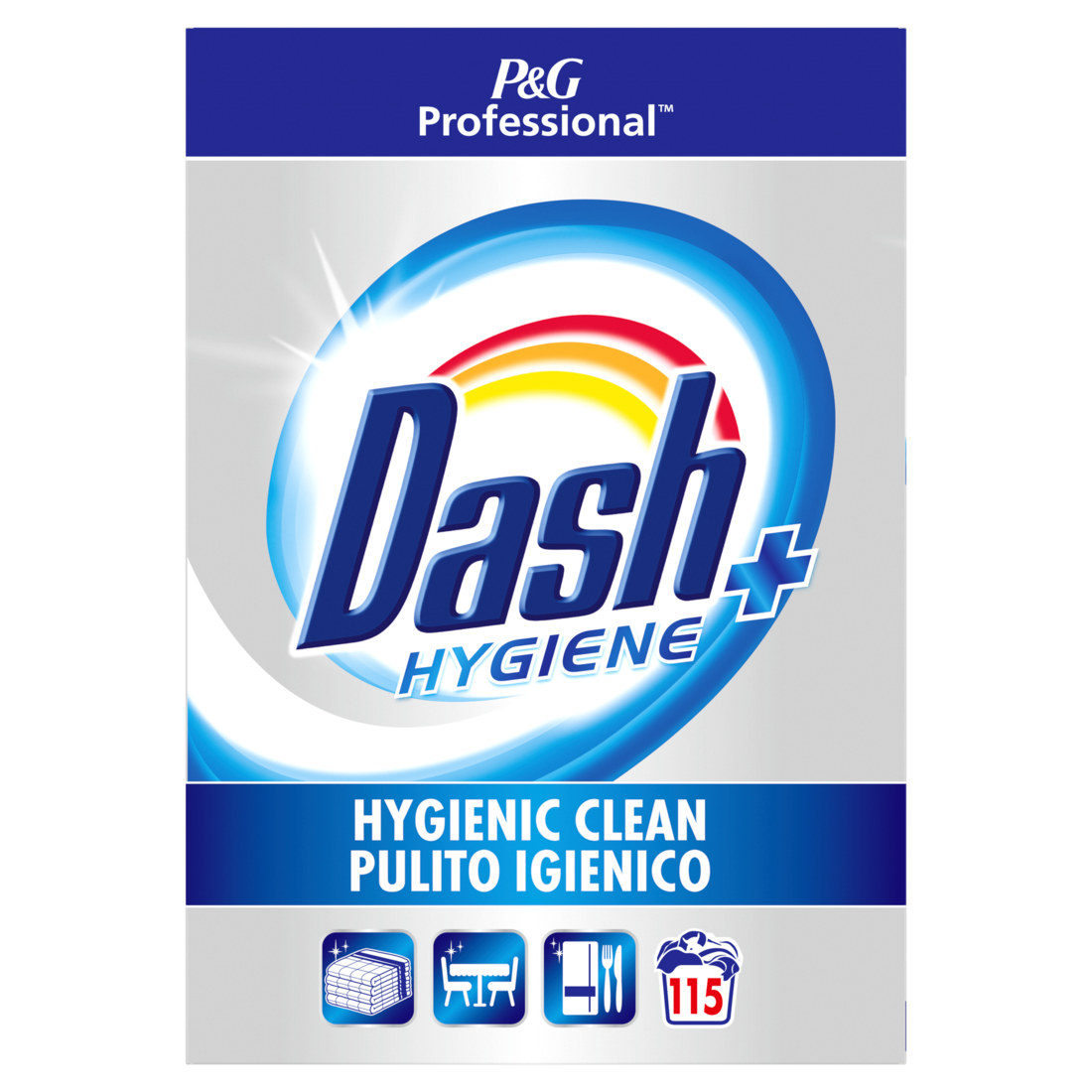 Dash Professional Hygiene waspoeder, verpakking met de claim "Hygienic Clean" en geschikt voor 115 wasbeurten. 