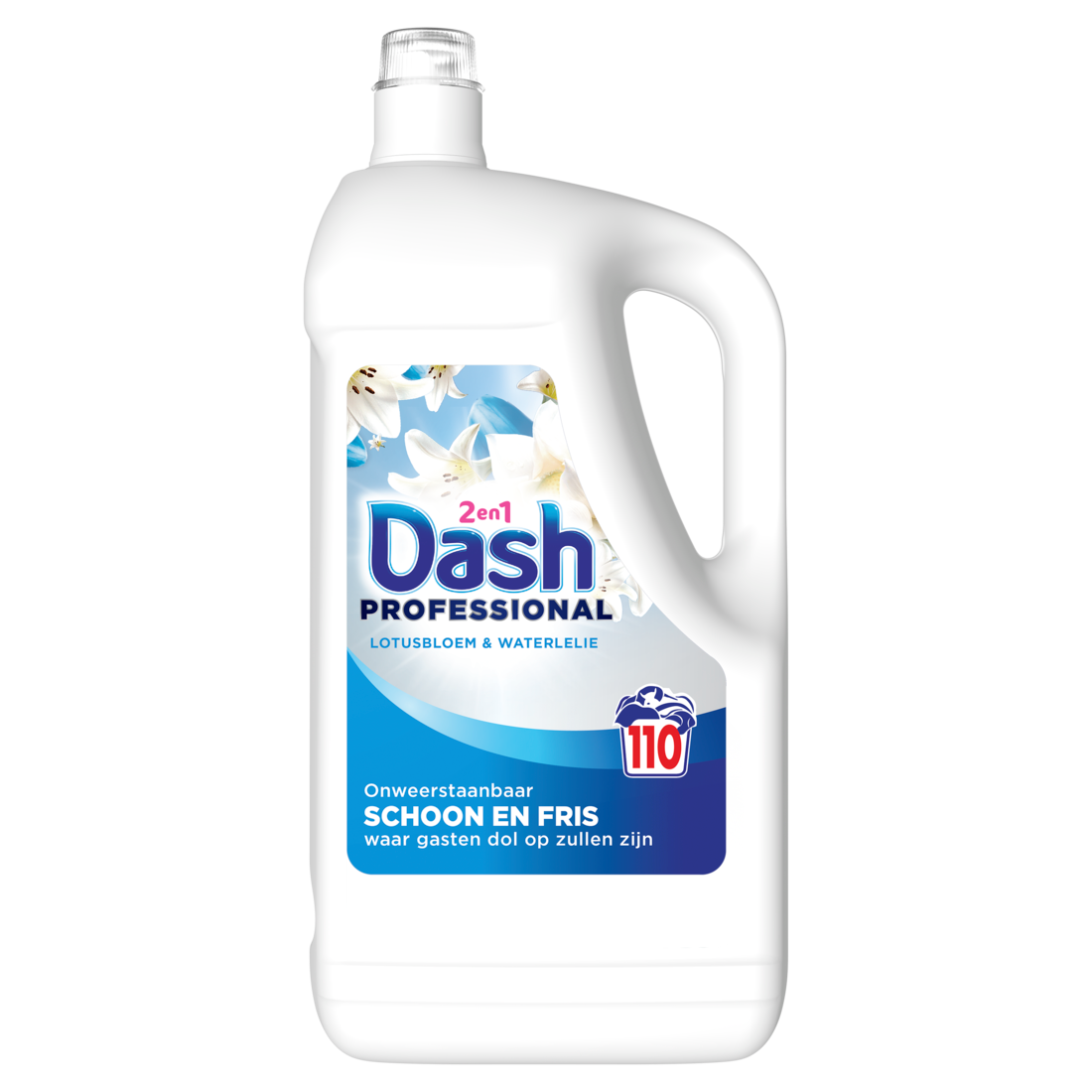 Dash 2 in 1 Professional wasmiddel, met de claim van onweerstaanbare schoonheid en frisheid waar gasten dol op zullen zijn, goed voor 110 wasbeurten.