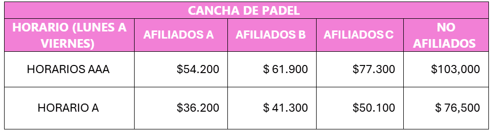 Tarifas cancha de padel - Parque del bienestar