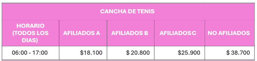 Tarifas cancha de tenis - Parque del Bienestar
