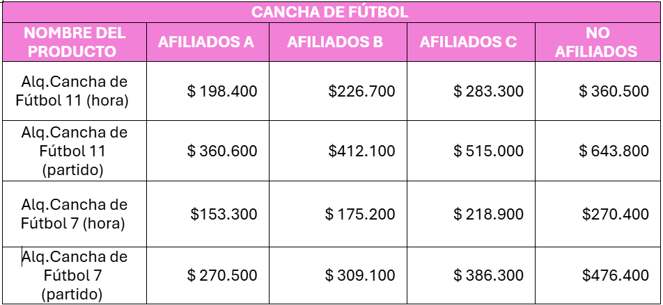 Tarifas cancha de futbol - Parque del bienestar 