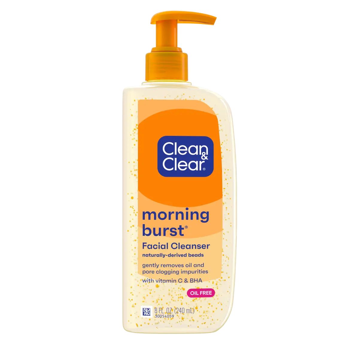 A clear bottle with an orange pump labeled "Clean & Clear morning burst Facial Cleanser" contains gel with beads, promising to gently remove oil and impurities. It is oil-free with vitamin C and ginseng.