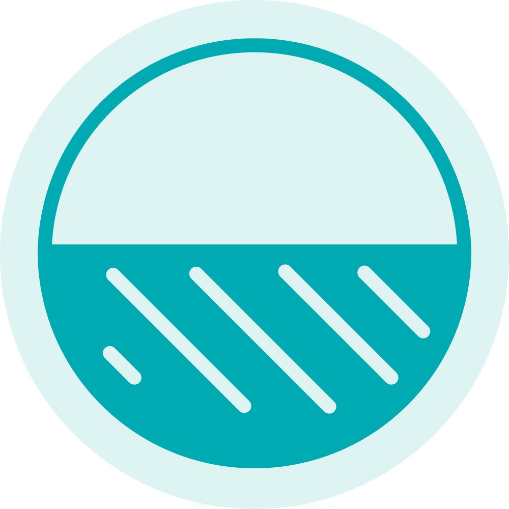 A teal circle features a horizontal white line dividing the top half, with four diagonal lines below, against a light blue background, suggesting a stylized sunrise over water.