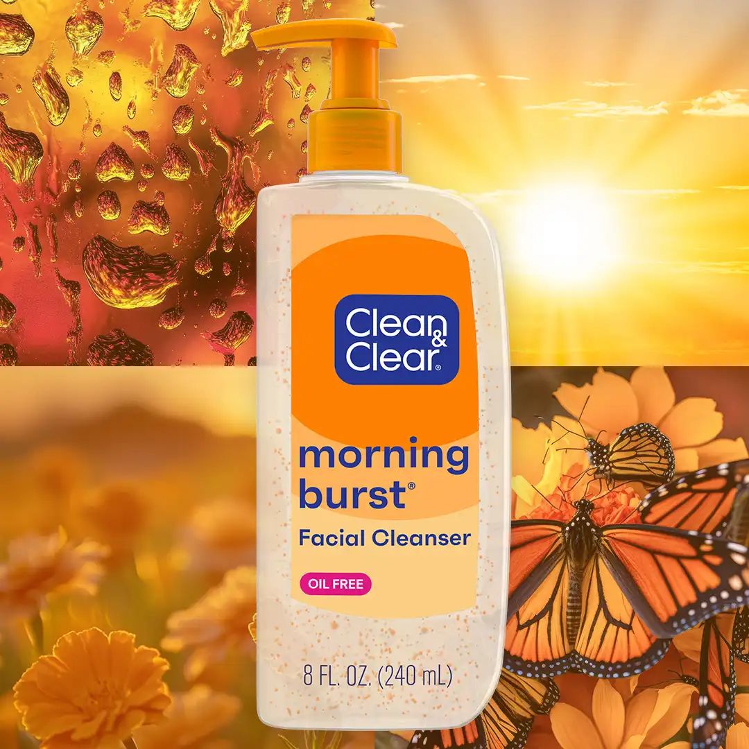 Clean & Clear® Morning Burst® Facial Cleanser surrounded by a sunset and butterflies