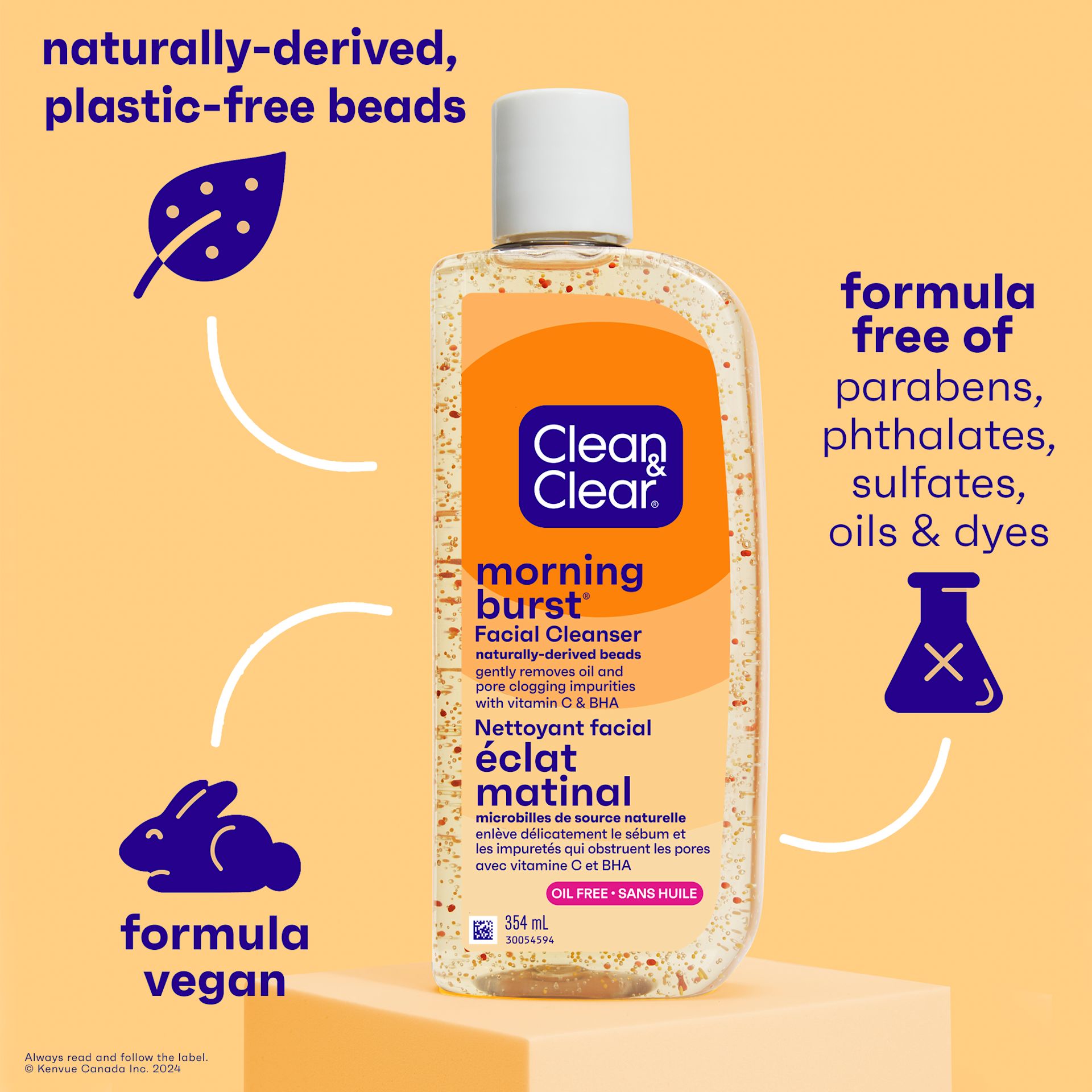 Vue de face de la nouvelle bouteille transparente du nettoyant pour le visage CLEAN & CLEAR® MORNING BURST®