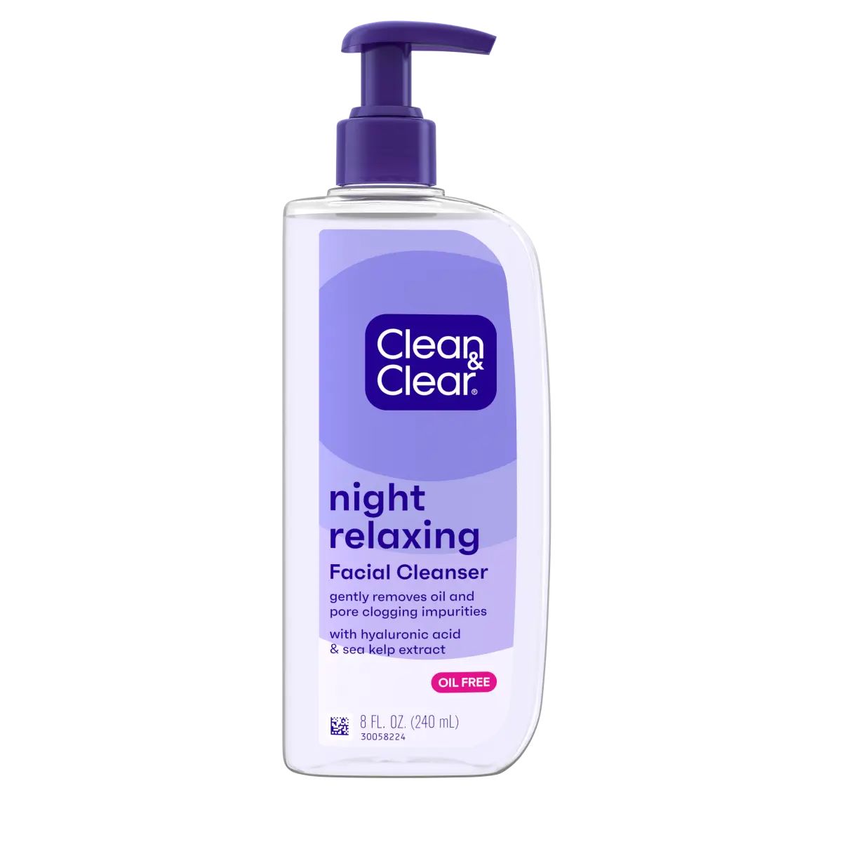 A bottle labeled "Clean & Clear night relaxing Facial Cleanser" with "NEW FORMULA" and "OIL FREE," containing 8 FL. OZ. (240 mL) of product. It has a purple and white design.