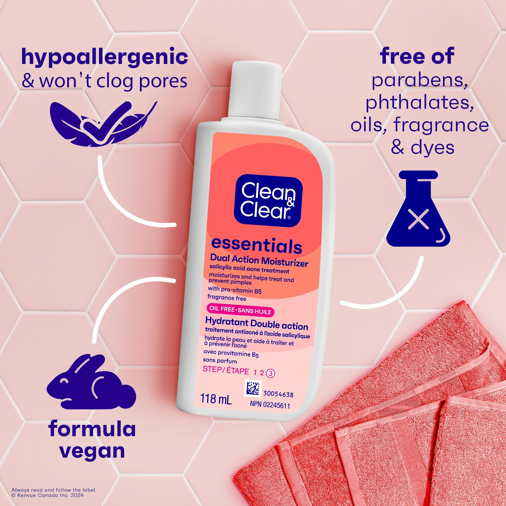 Vue avant du flacon d’hydratant Double action Clean & Clear Essentials® de 118 ml, avec les revendications du produit