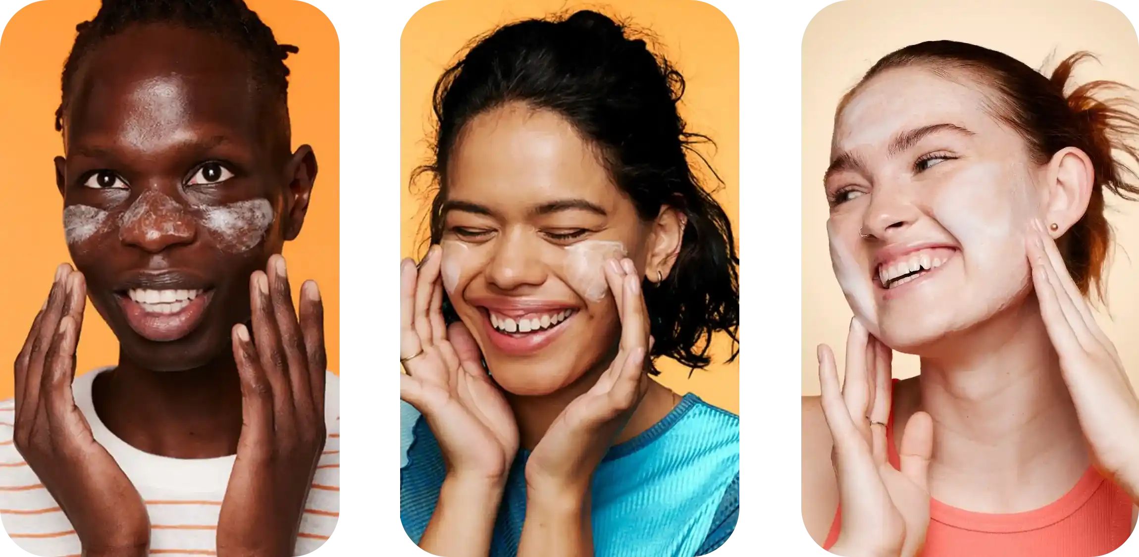 Three people apply facial cream, smiling and gently massaging their cheeks. The background is a warm gradient of orange and peach, creating a bright, cheerful atmosphere.