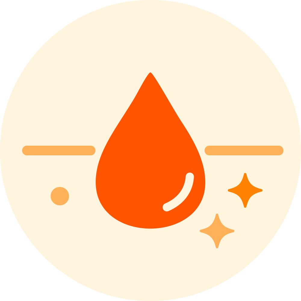 An orange droplet sits centrally on a beige background, bordered by horizontal lines, a circle, and two sparkling stars, conveying fluidity and purity.