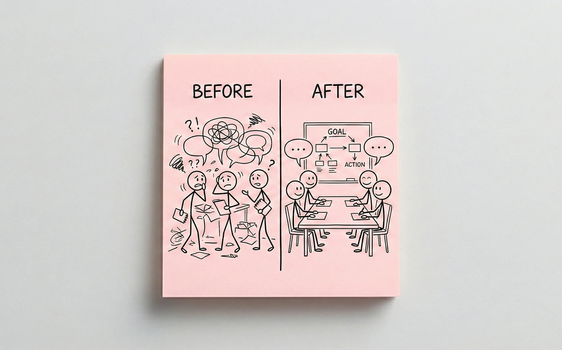 Before: endless talk. After: real decisions. Same team, different structure.