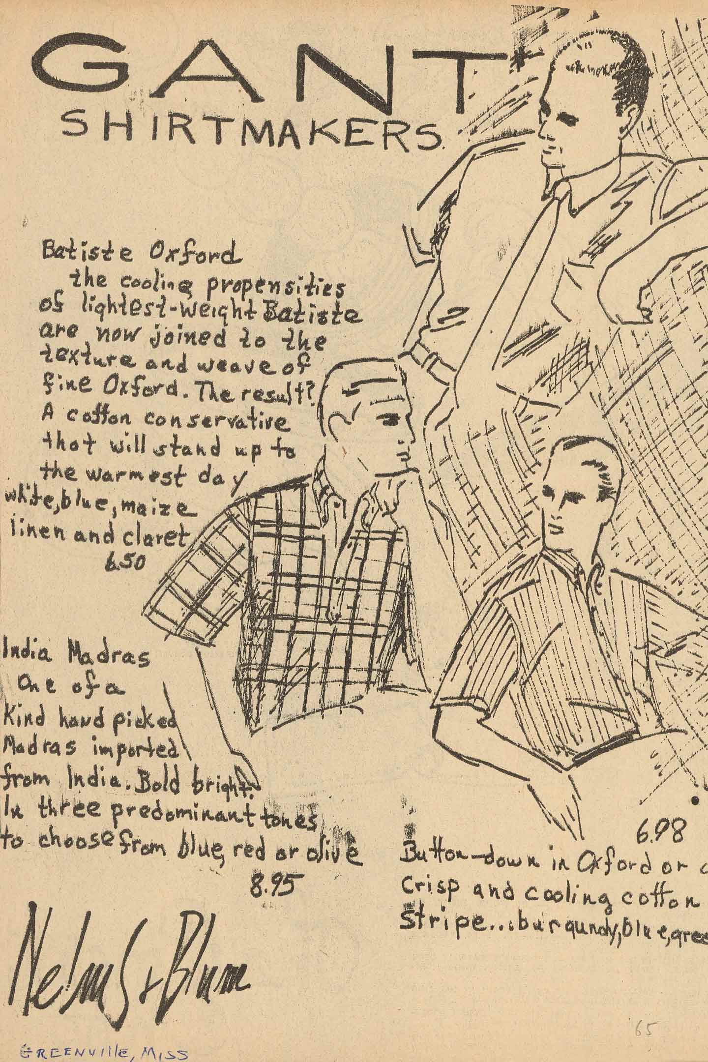 Gant shirt advertisement sketch featuring three models wearing patterned and striped cotton shirts with handwritten product notes.