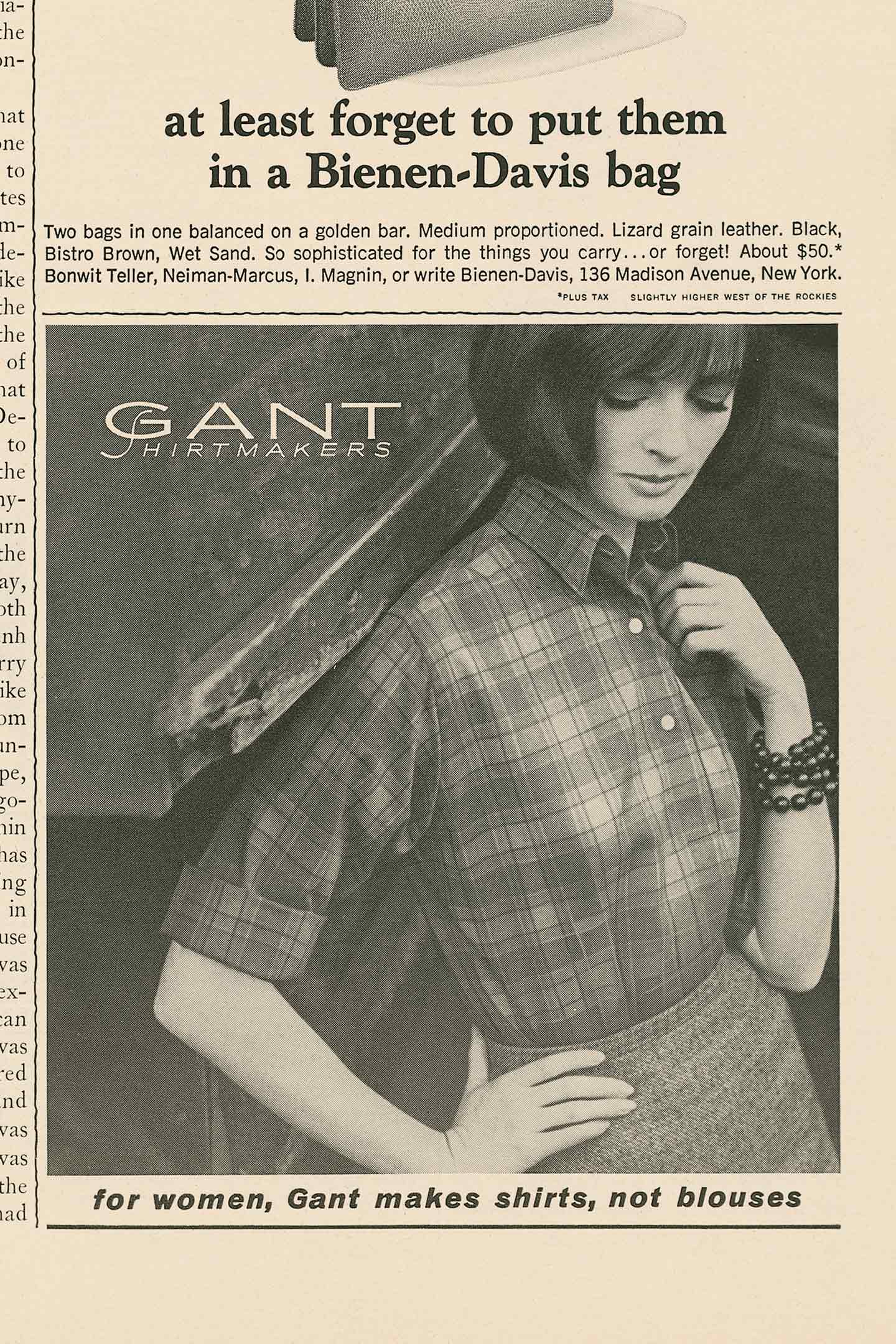 Pubblicità vintage di Gant con una donna che indossa una camicia a quadri Gant.