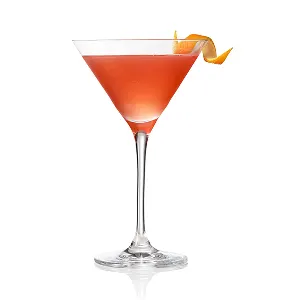 Ein Brown-Derby-Cocktail in einem Martiniglas mit einer rosa Grapefruitschale als Garnitur