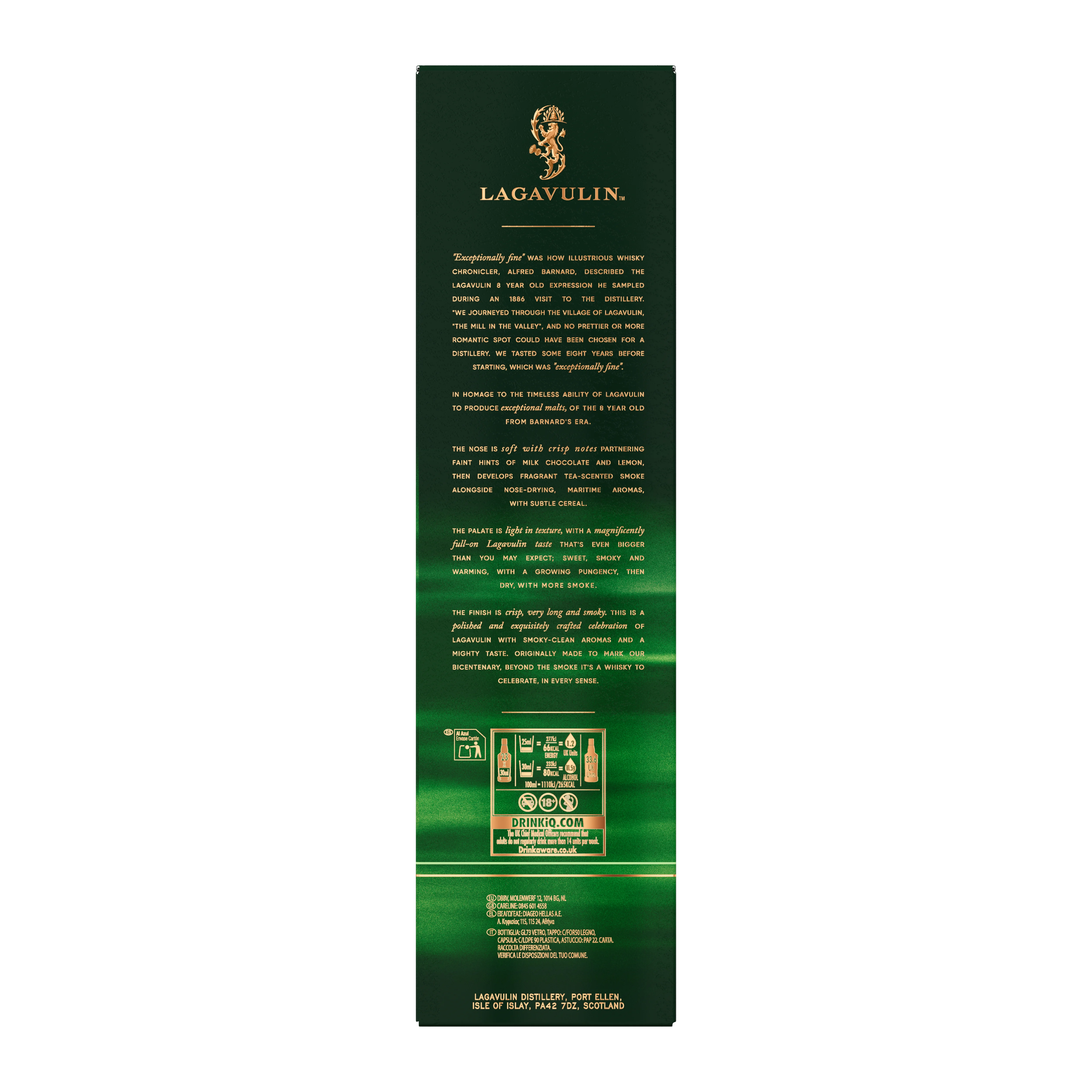 Lagavulin 8 year old single malt scotch Whisky back of carton