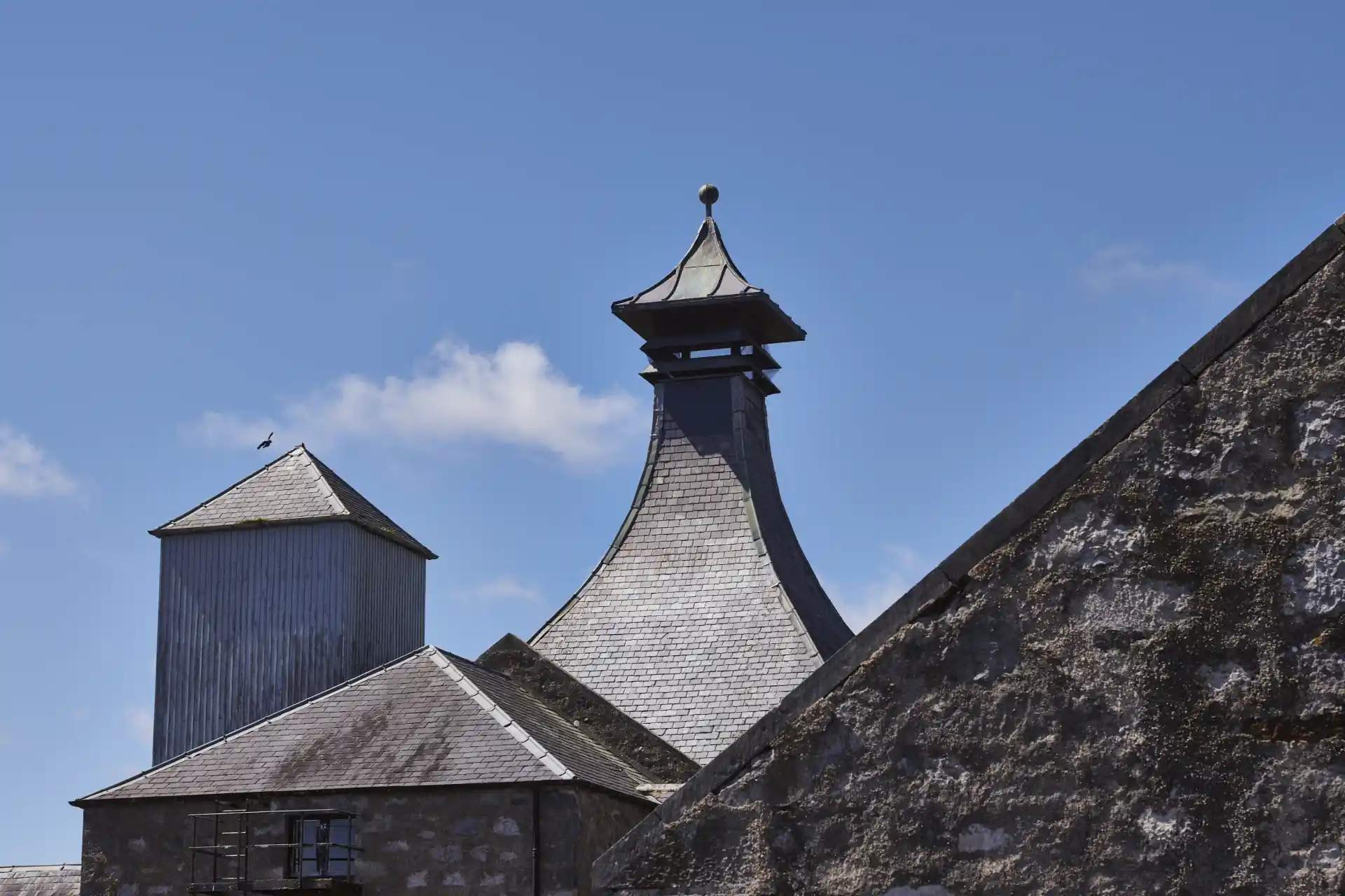 Het schuine dak van de Brora distilleerderij is te zien tegen een helderblauwe lucht, omringd door de andere gebouwen van de distilleerderij.