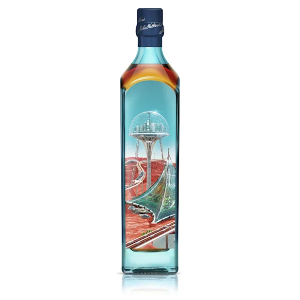 A bottle of Johnnie Walker Blue Label with a futuristic City X Mars design.