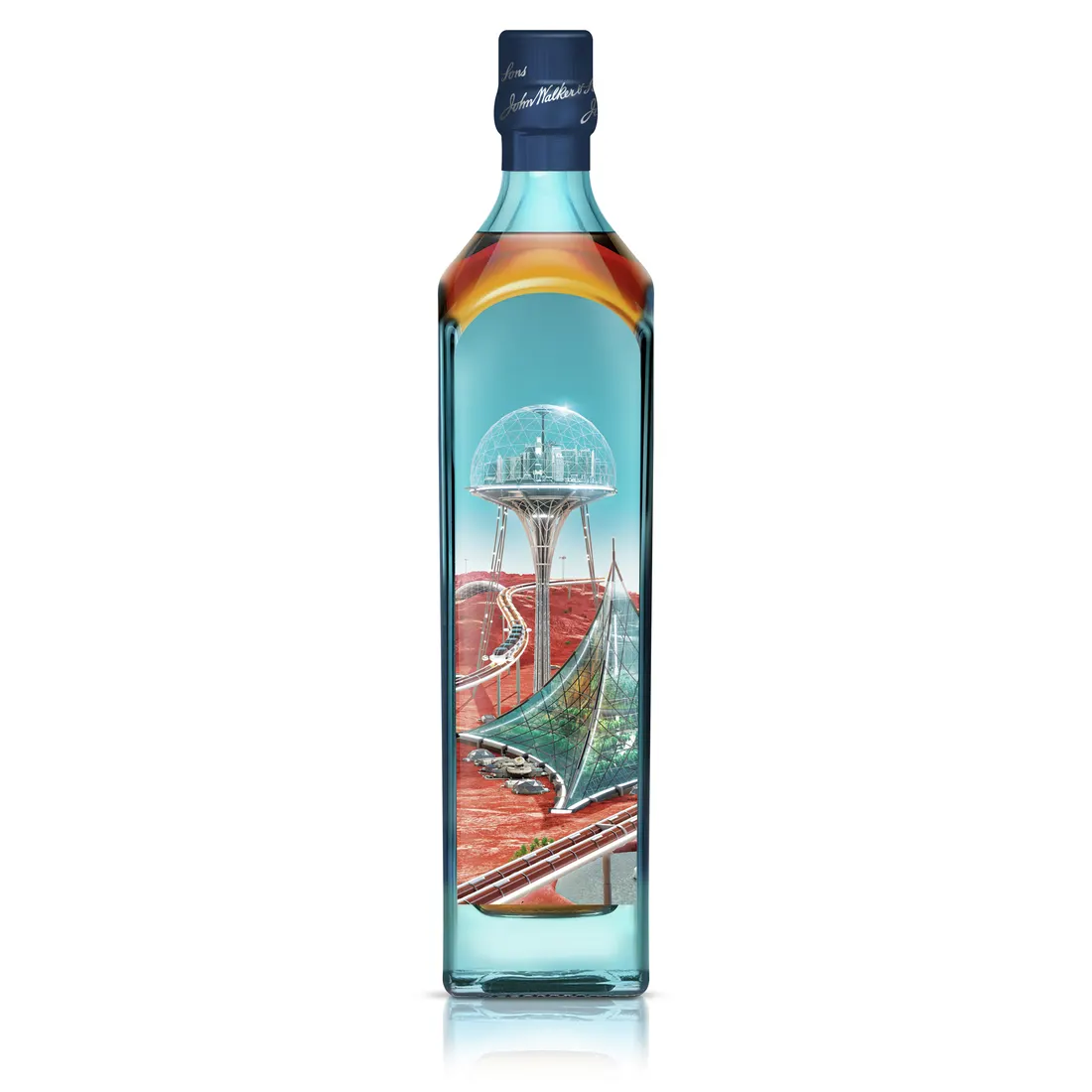 A bottle of Johnnie Walker Blue Label with a futuristic City X Mars design.
