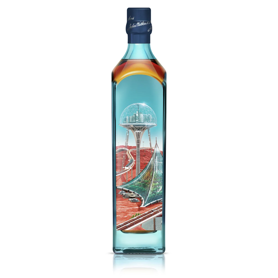 A bottle of Johnnie Walker Blue Label with a futuristic City X Mars design.