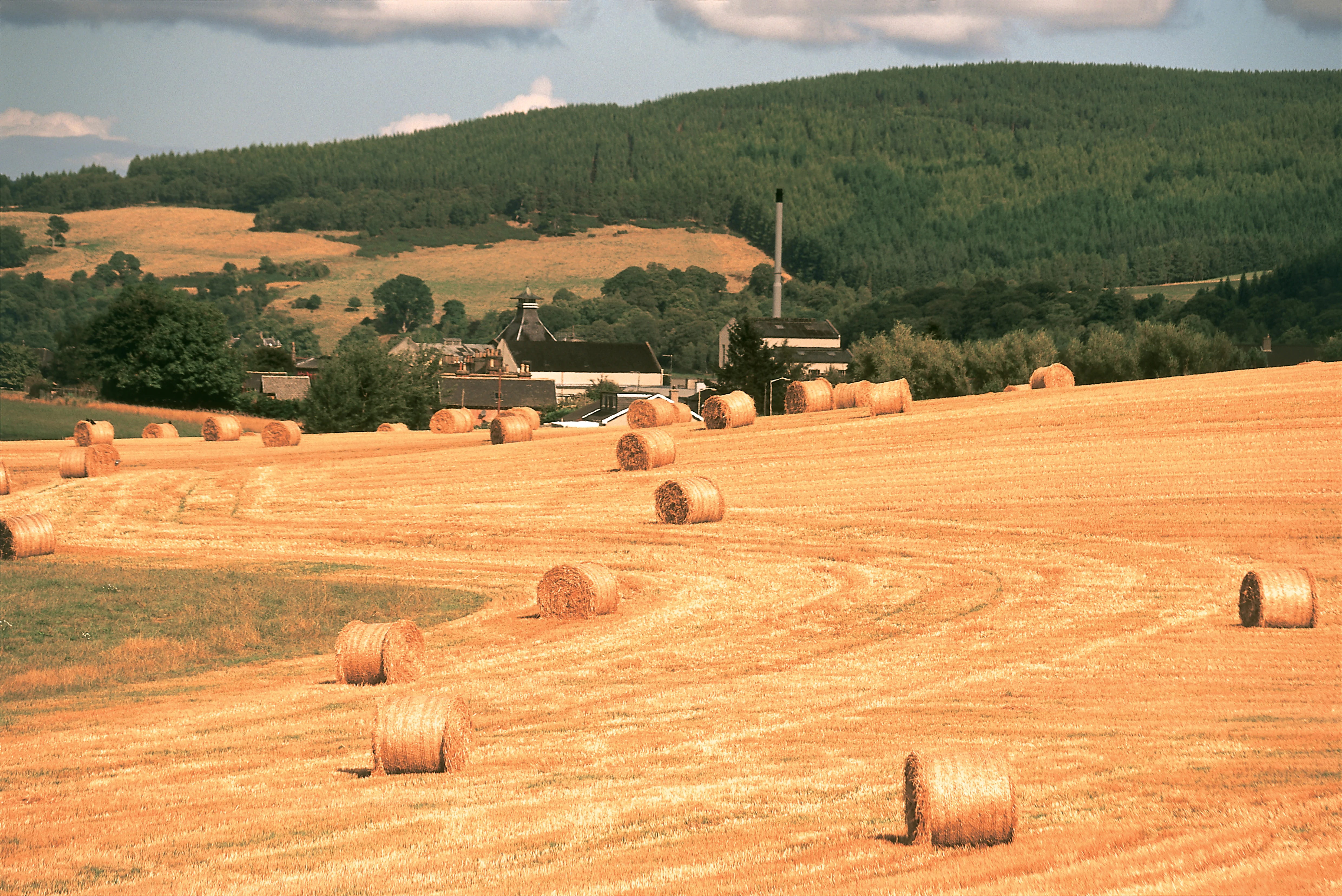 Een gouden hooiveld in Schotland, met hooibalen