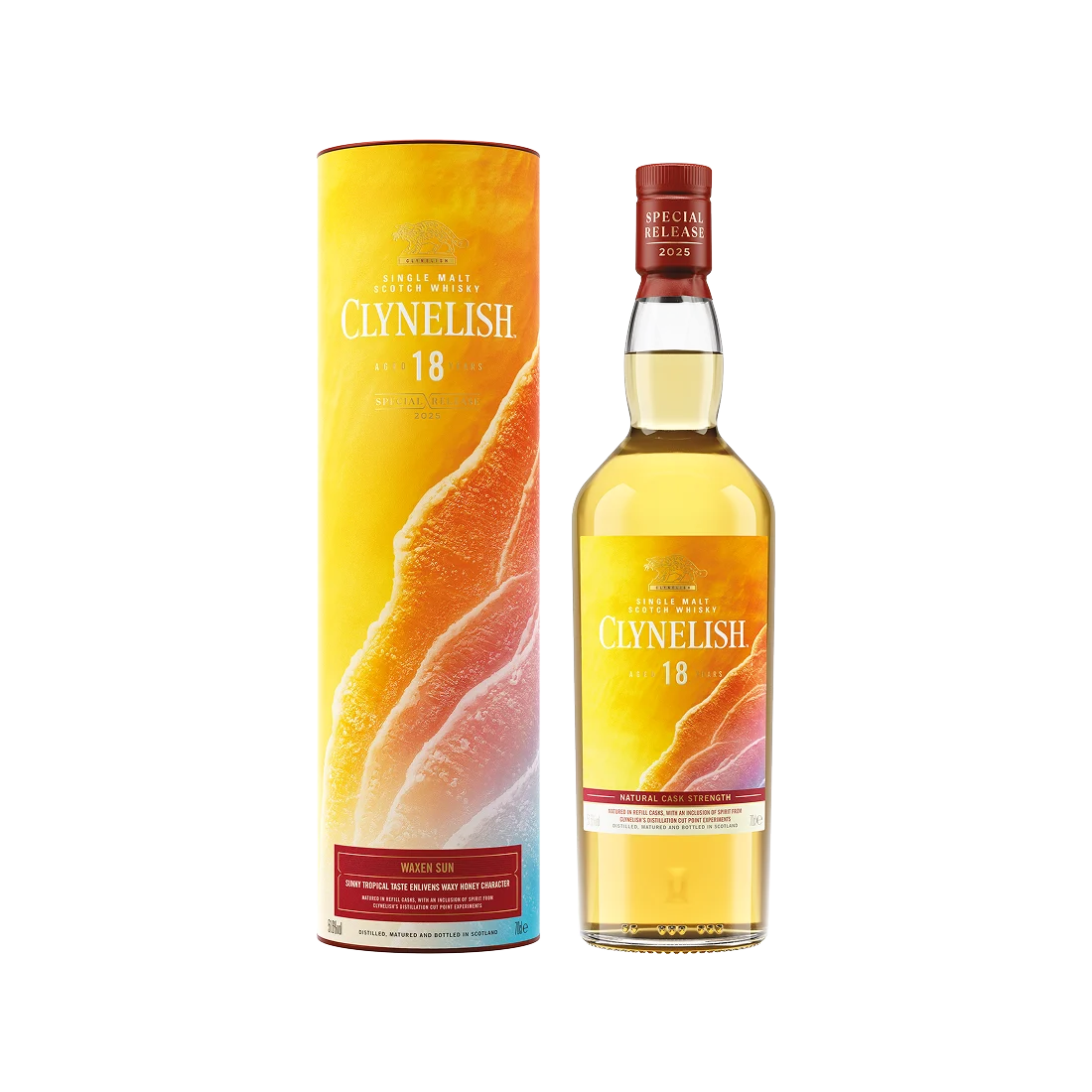 Clynelish Waxen Sun 18 Year Old Scotch Whisky bottle and tube Special Release 2025