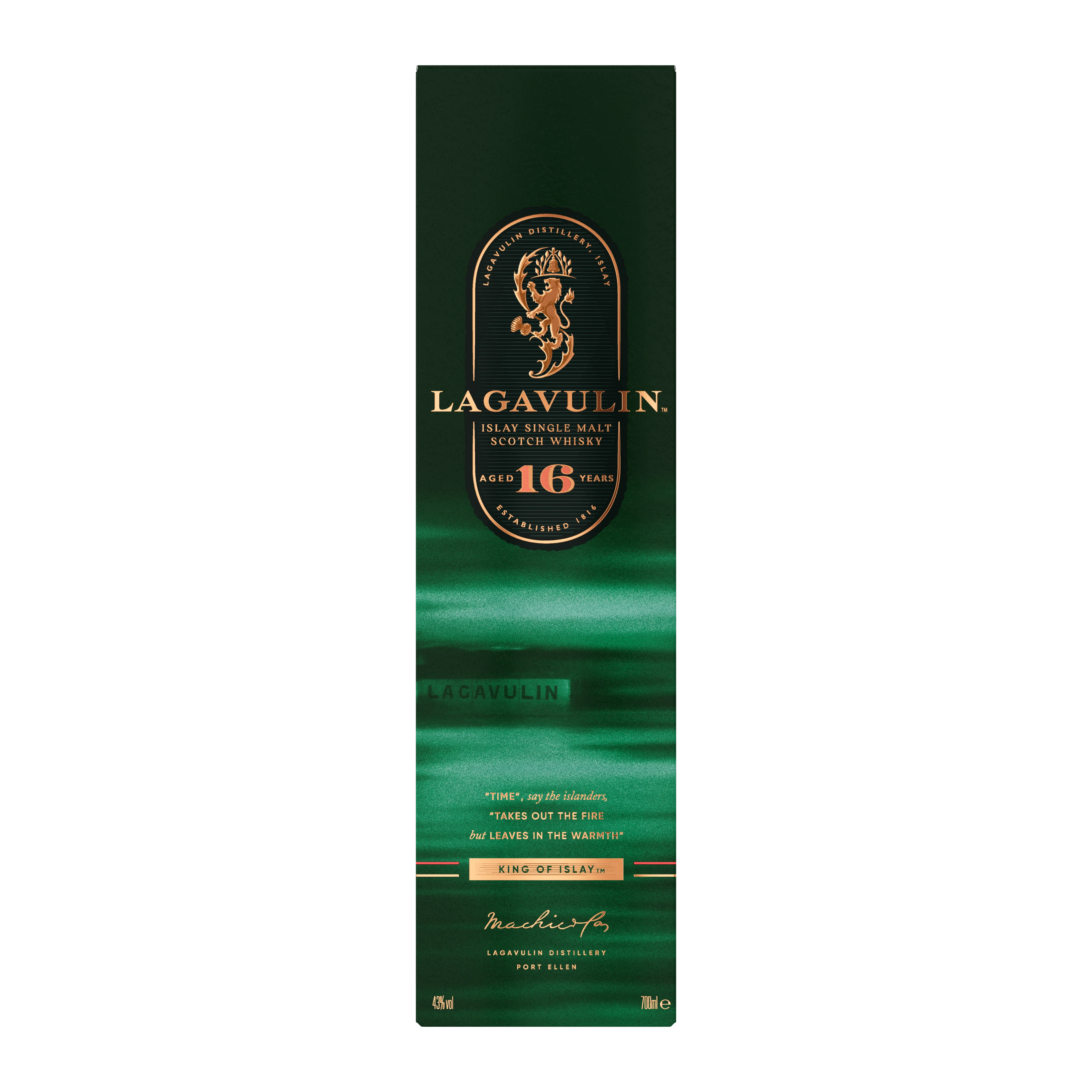 Front of Lagavulin 16 year old Malt Whisky cardton