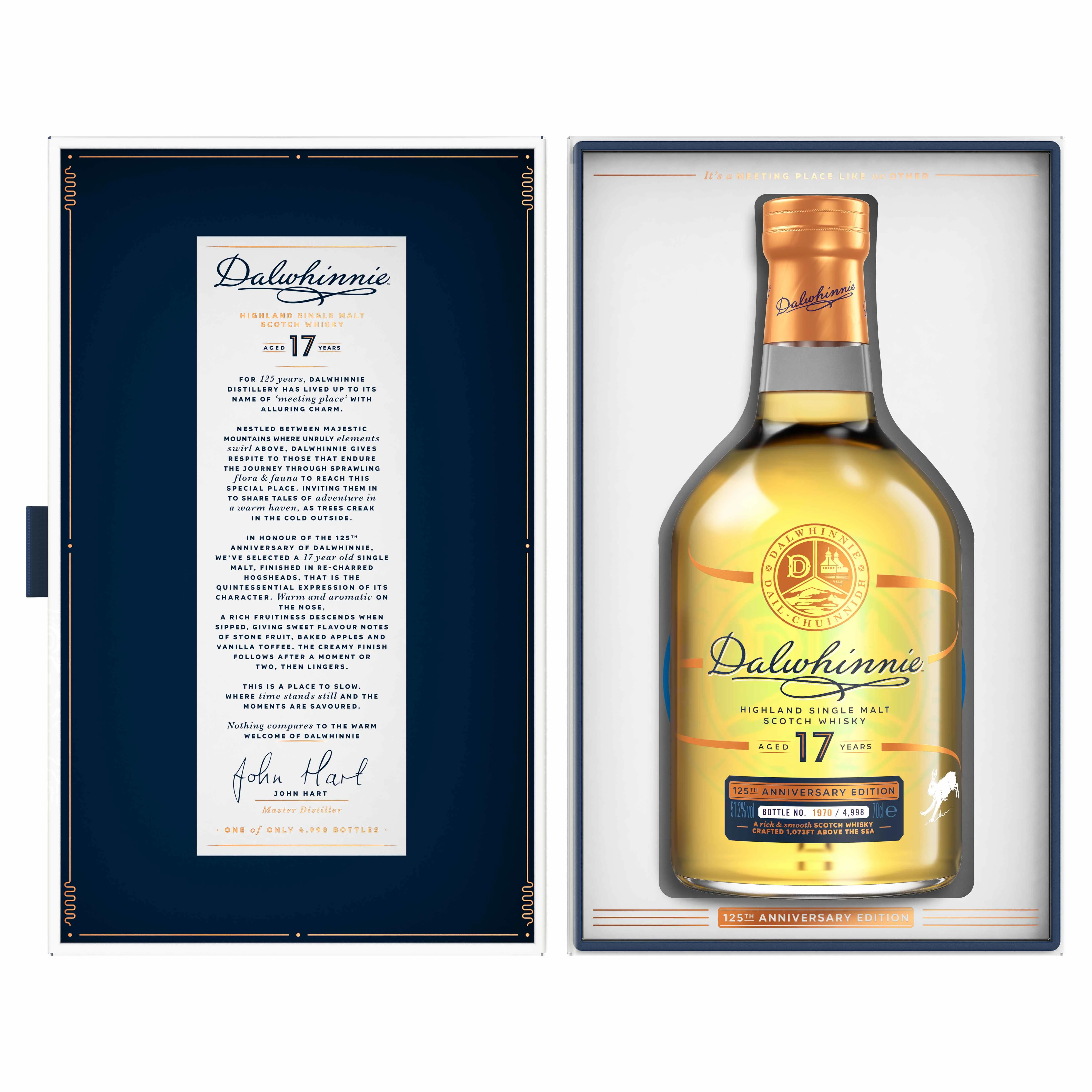A bottle of Dalwhinnie 17 Year Old – 125th Anniversary Edition showcased inside of its opened case. On the opened cases left side, there is a note from the Master Distiller.