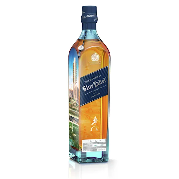 A bottle of Johnnie Walker Blue Label with a futuristic Berlin 2220 design.
