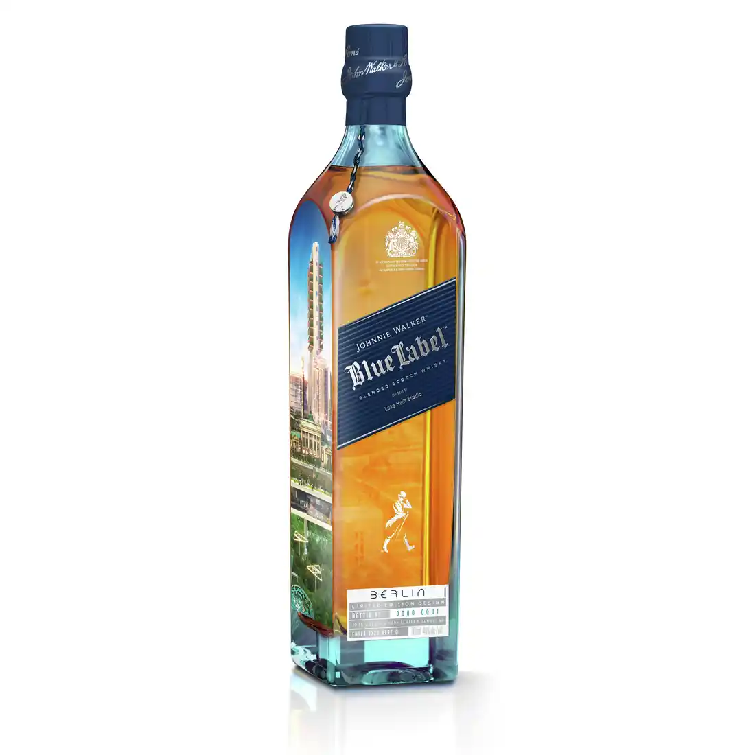 A bottle of Johnnie Walker Blue Label with a futuristic Berlin 2220 design.