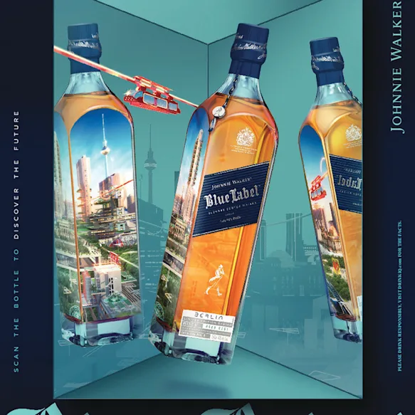 A bottle of Johnnie Walker Blue Label with a futuristic Berlin 2220 design.