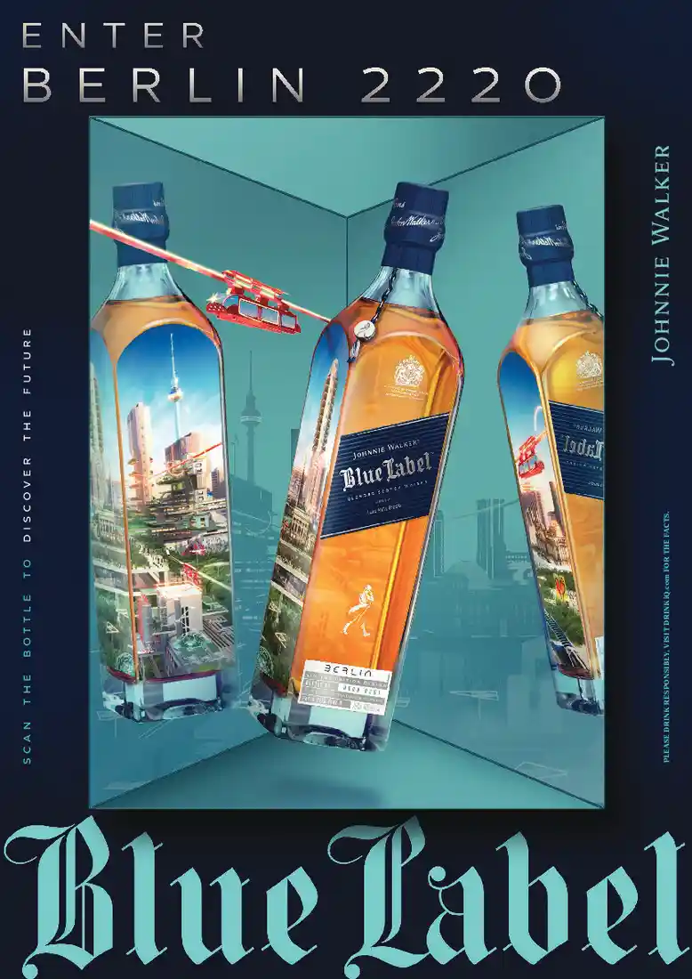 A bottle of Johnnie Walker Blue Label with a futuristic Berlin 2220 design.