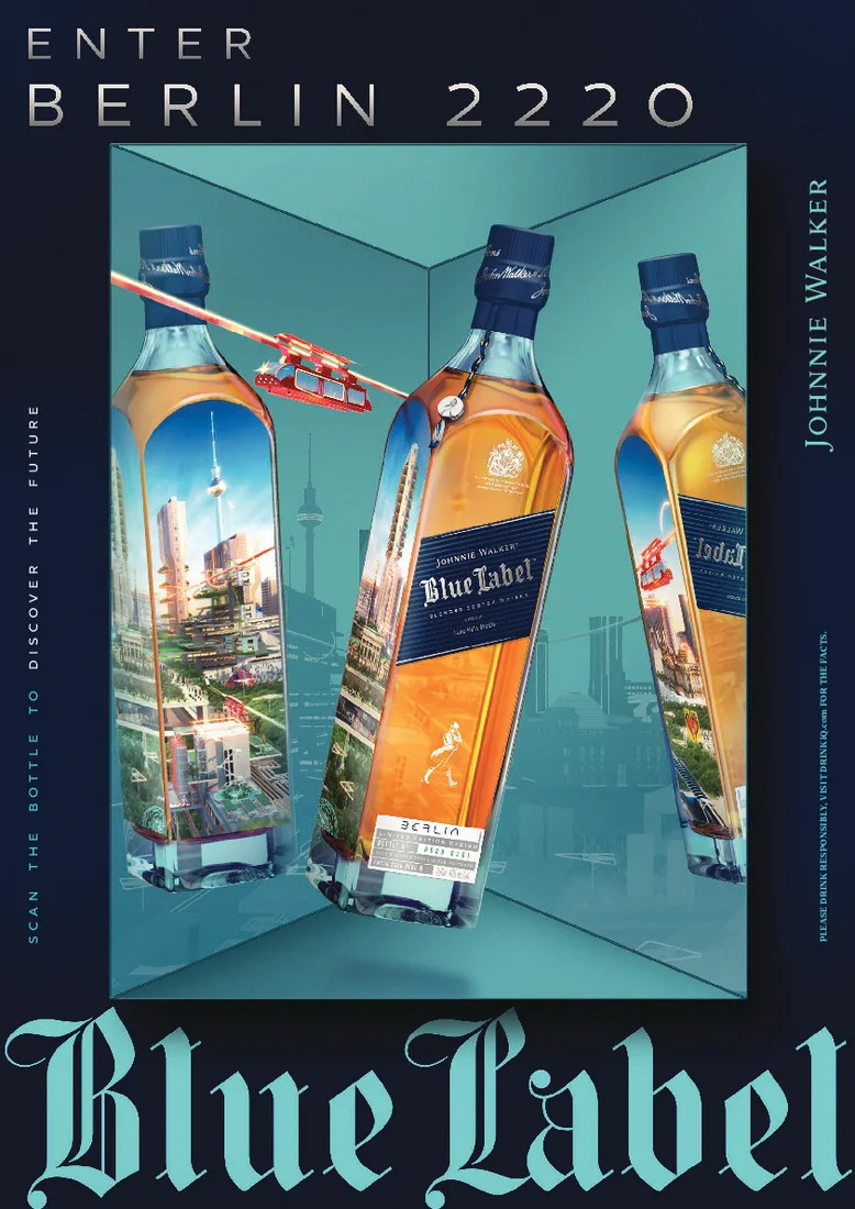 A bottle of Johnnie Walker Blue Label with a futuristic Berlin 2220 design.
