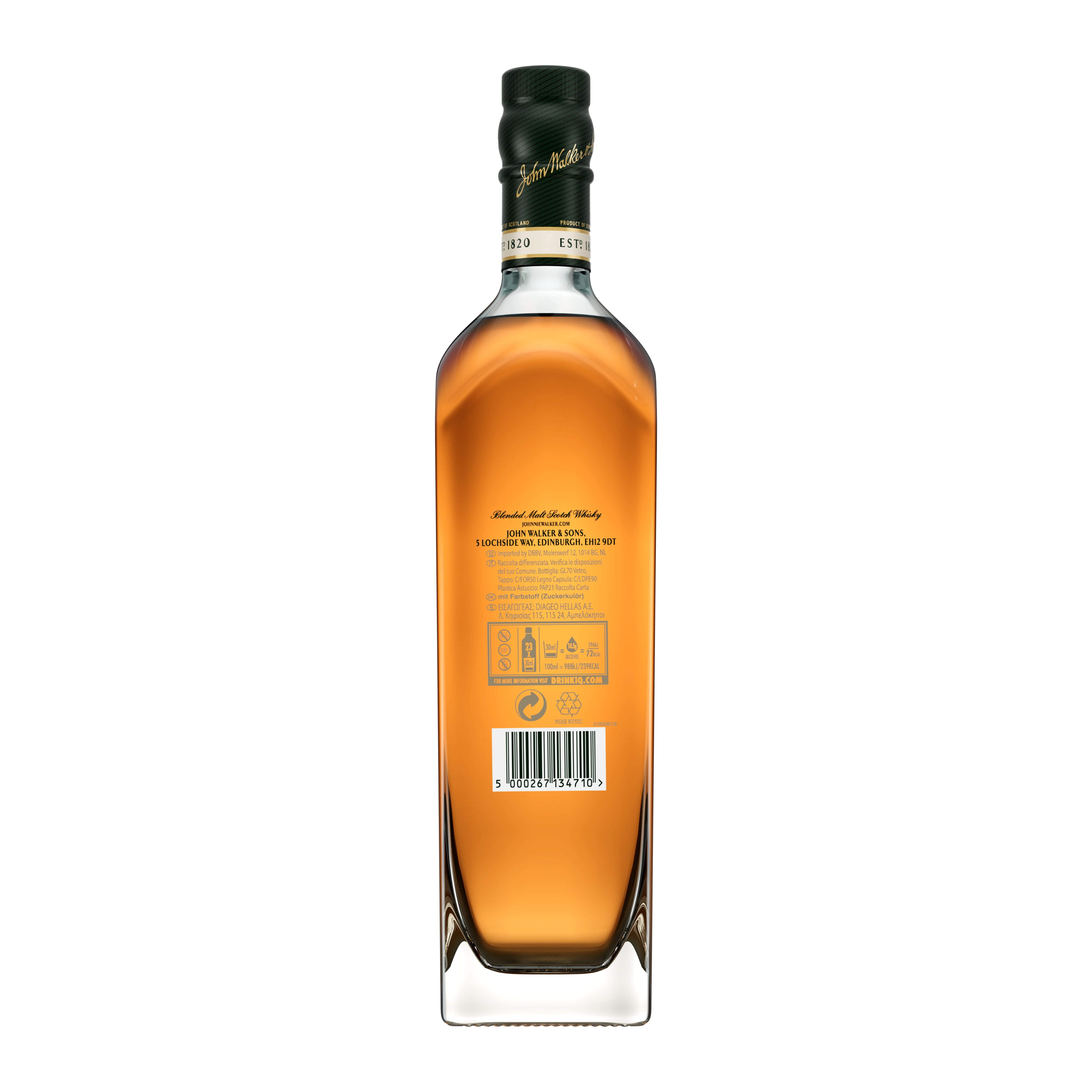 Johnnie Walker Green Label 15 Year Old Blended Scotch Whisky, 70cl - Back of Bottle NE