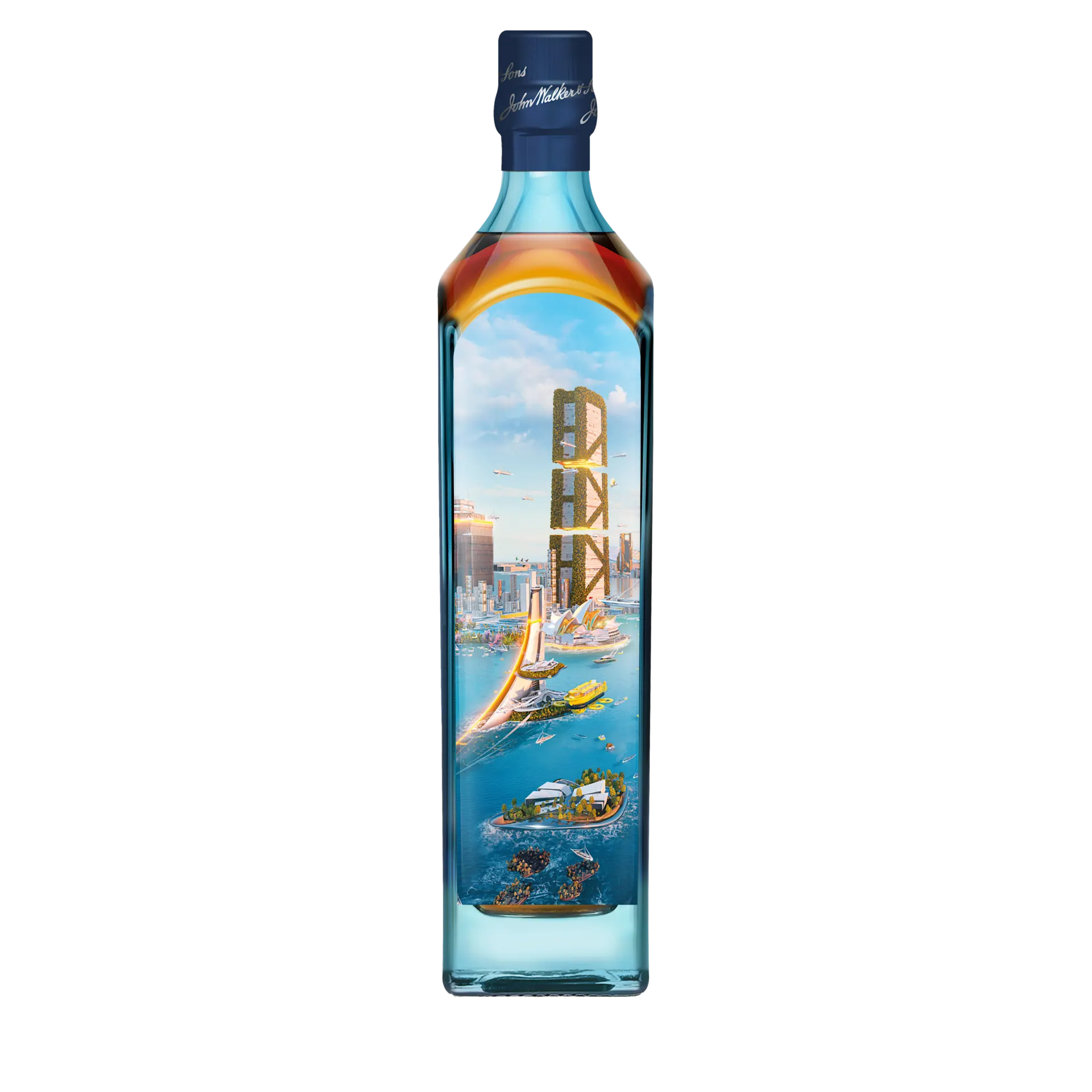 Johnnie Walker Blue Label Cities of the Future 2220 Blended Scotch Whisky - Sydney Edition Back of Bottle, 750ml