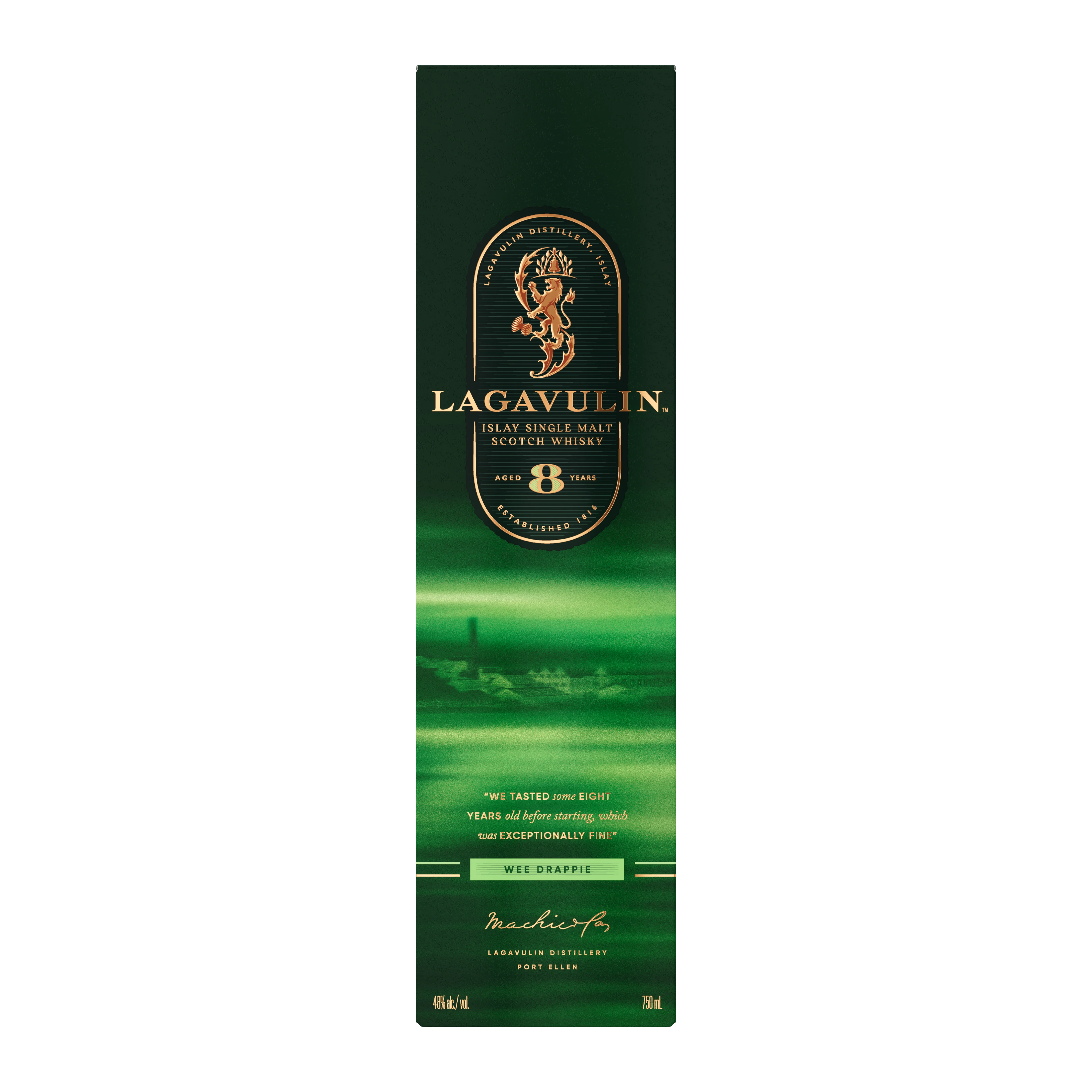 Lagavulin 8 year old single malt scotch Whisky front of carton