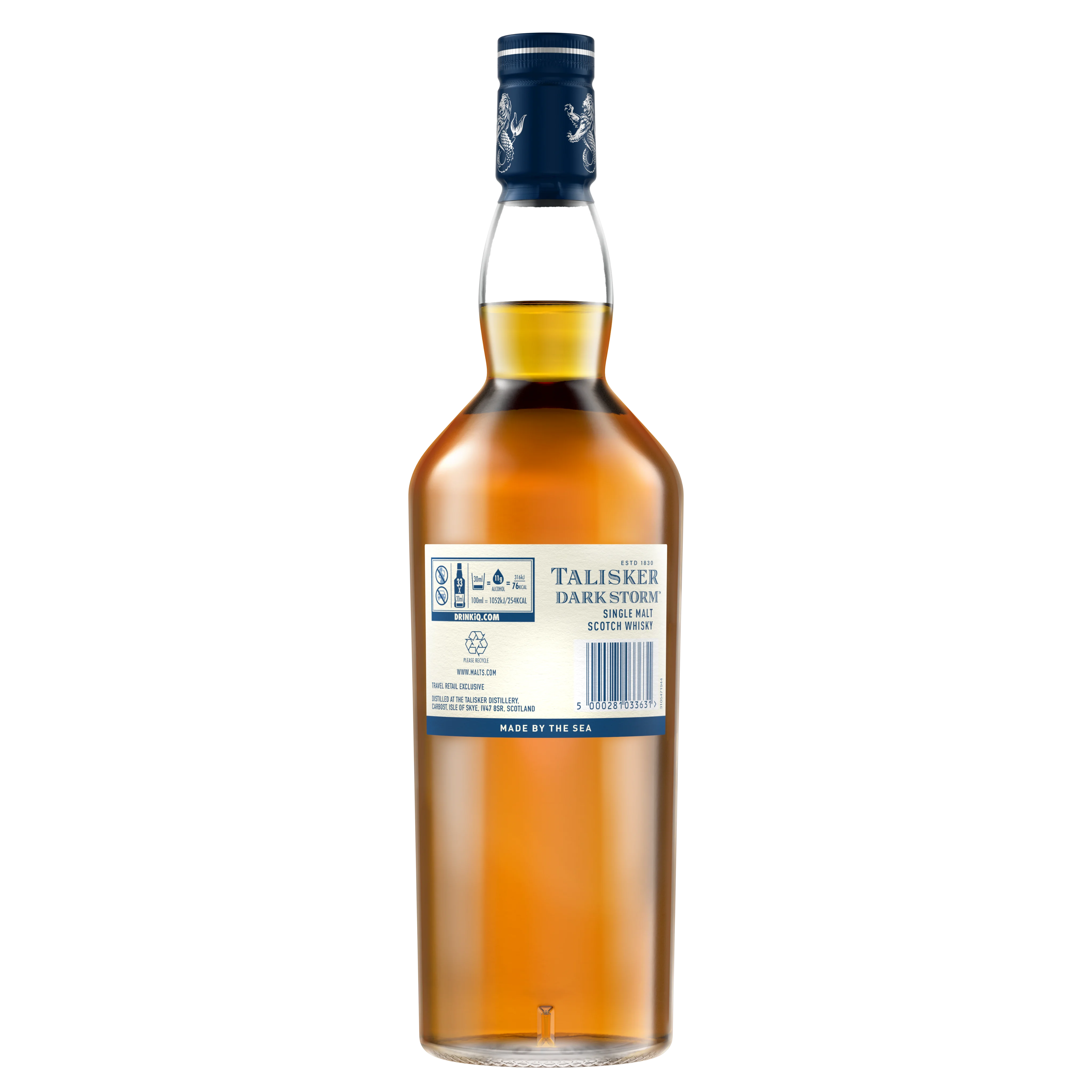 Die Rückseite einer Flasche Talisker Dark Storm Single Malt Scotch Whisky
