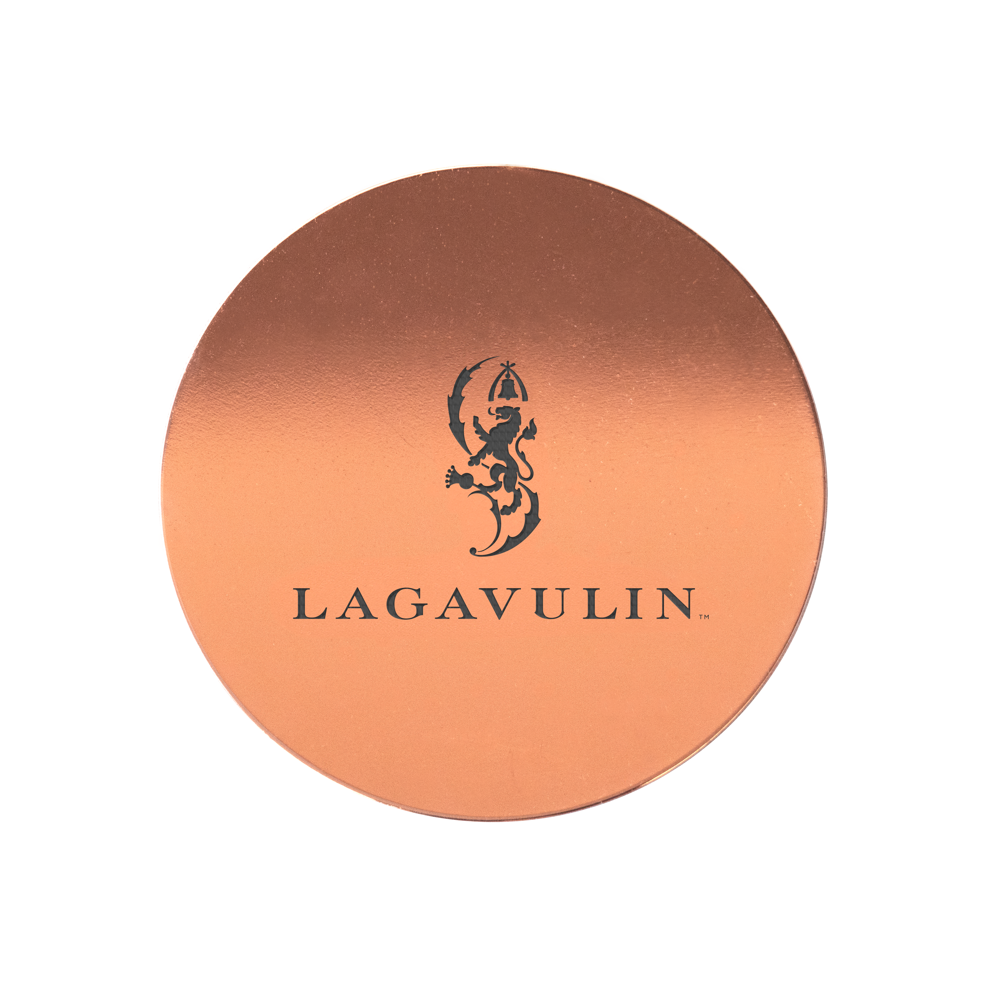 Ein Untersetzer aus Kupfer mit dem Lagavulin Logo.