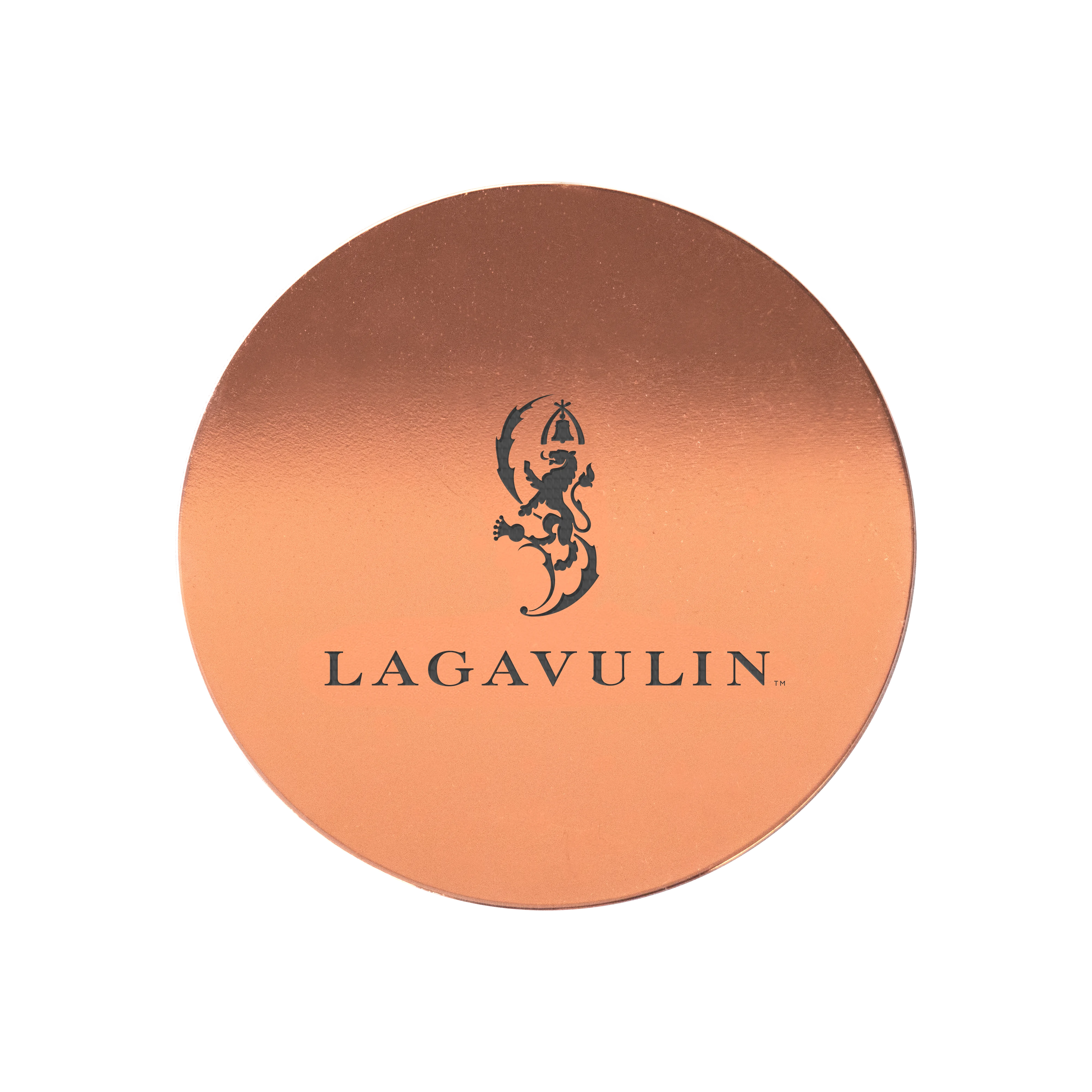 Ein Untersetzer aus Kupfer mit dem Lagavulin Logo.
