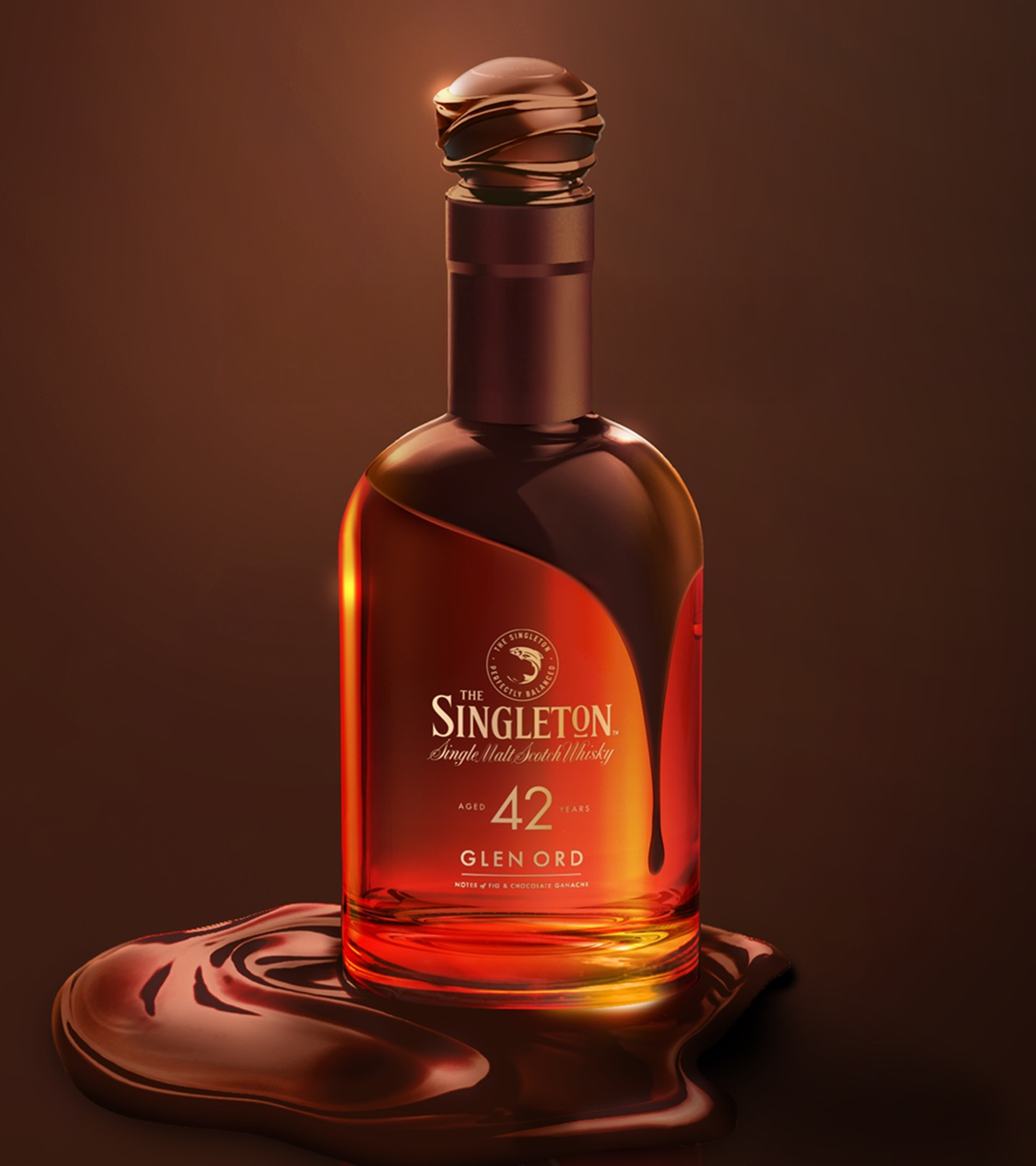 Singleton 42-Year-Old Glen Ord bottle with fig and chocolate ganache-inspired design on a brown background