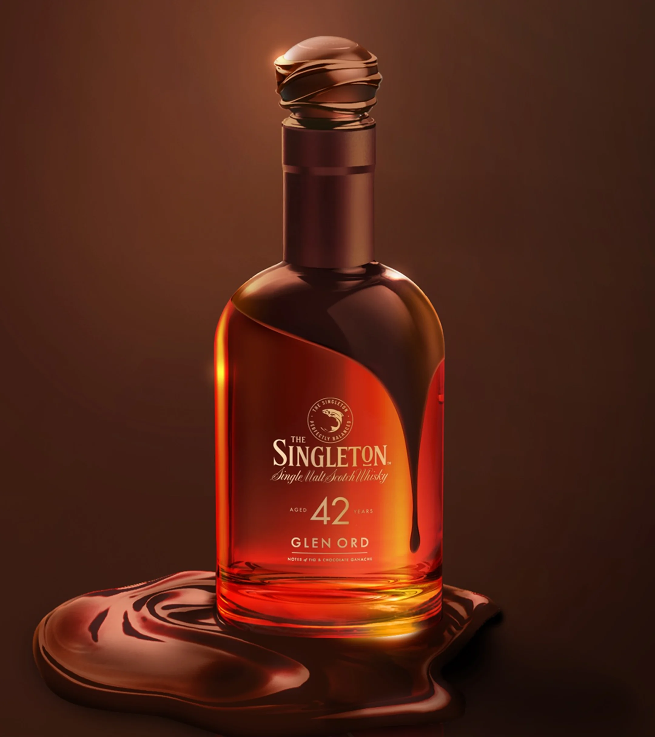 Singleton 42-Year-Old Glen Ord bottle with fig and chocolate ganache-inspired design on a brown background