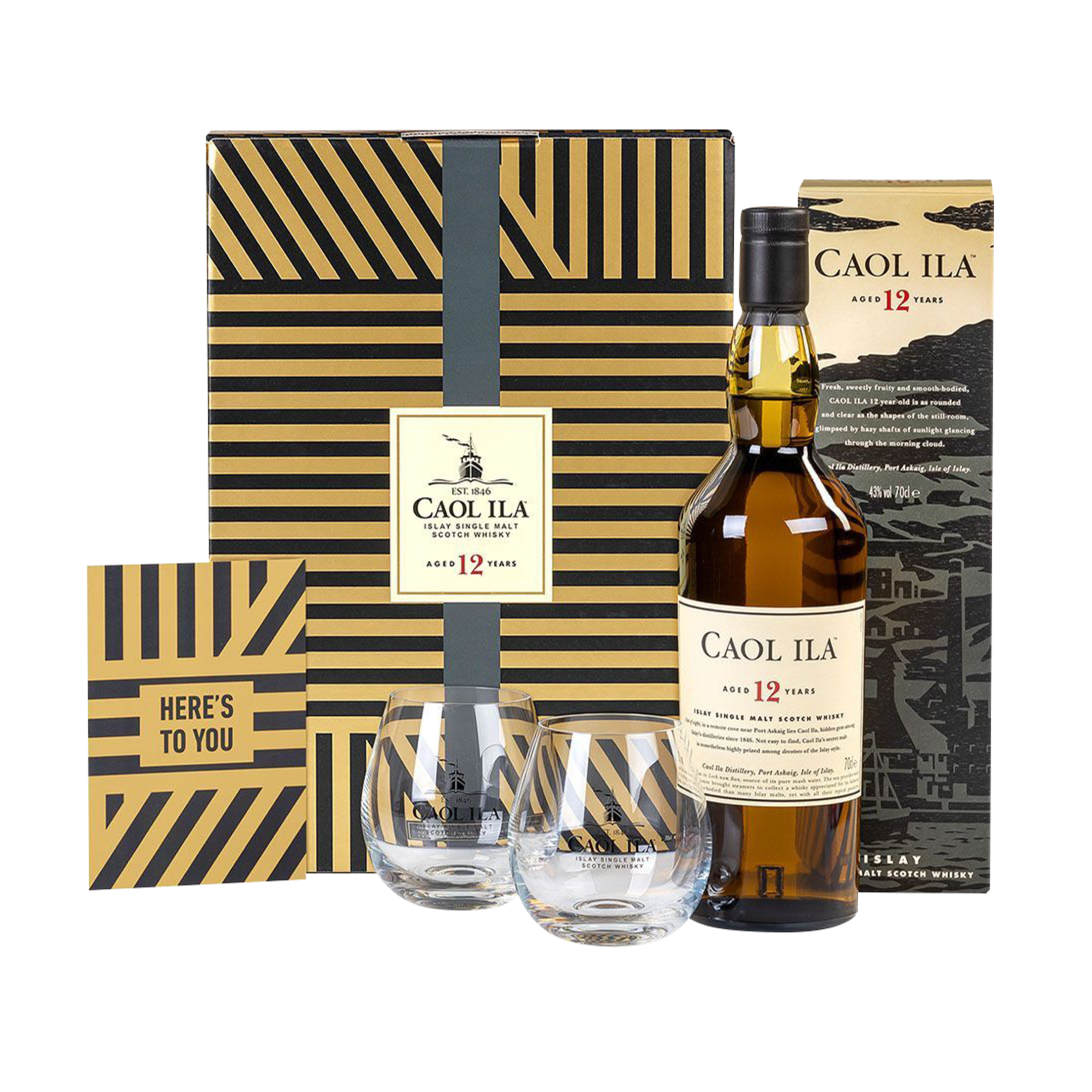 Caol Ila 12 Year Old Islay Single Malt Scotch Whisky 70cl in a High Quality Gift Set With Glasses & Greeting Card